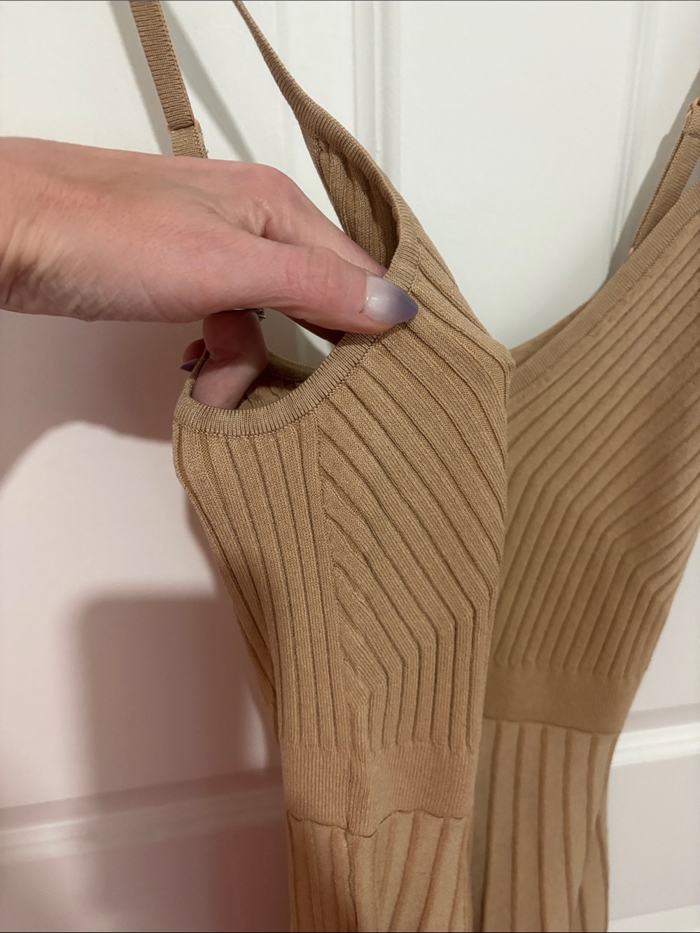 Express Ribbed V-Neck Mini Dress in Tan - Picture 3 of 6